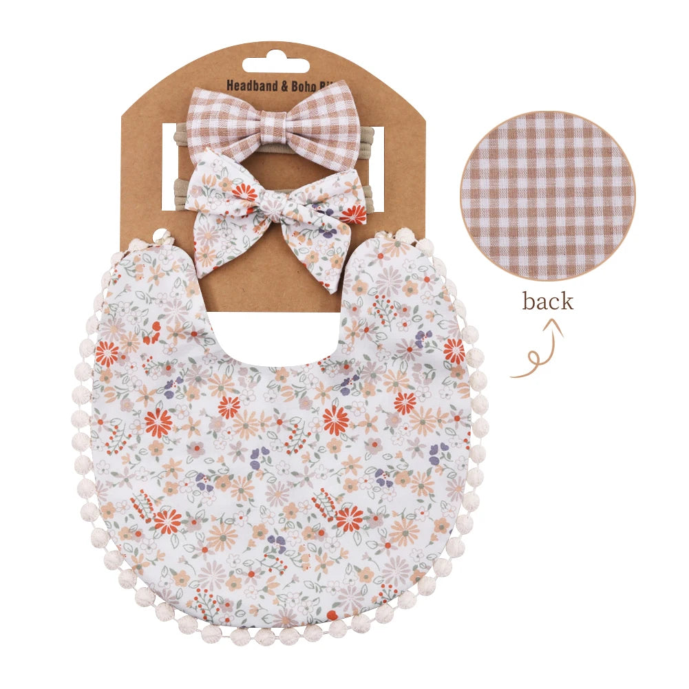 3Pcs/Set Flower Print Cotton Linen Baby Boy Girl Bibs Elastic Nylon Headband Double-Deck Saliva Towel Feeding Bandana Apron Burp