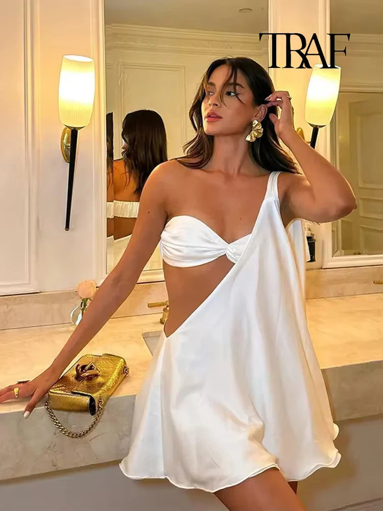 TRAF Women Fashion Sexy One Shoulder Lace Mini Dress Summer White Sleeveless Hollow Out Swimwear Dress Pleated Shawl Beach Robe