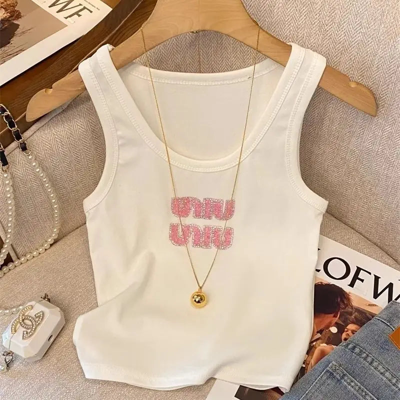 Women Summer Fashion Letter Diamonds Solid Color Slim Knitting Tank Top Ladies Simplicity Office Lady All-match Sleeveless Tops