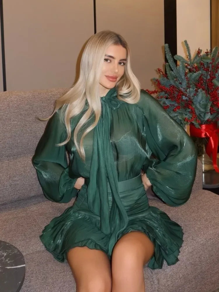 Bow Lace Up Top Pleated Short Skirt Two Piece Sets Casual Fashion Shirt Glitter Blouse High Waist Half Skirts Women's Clothing