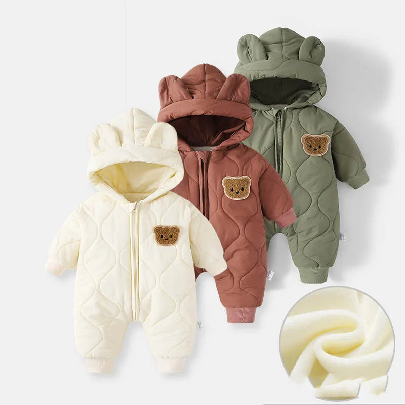 Winter Infant Babys Boys Rompers Cotton Fleece Thick Warm Toddler Kids Boys Jumpsuits Newborn Boys Bear Printed Hooded Onesies