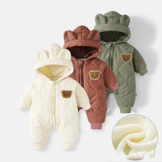 Winter Infant Babys Boys Rompers Cotton Fleece Thick Warm Toddler Kids Boys Jumpsuits Newborn Boys Bear Printed Hooded Onesies