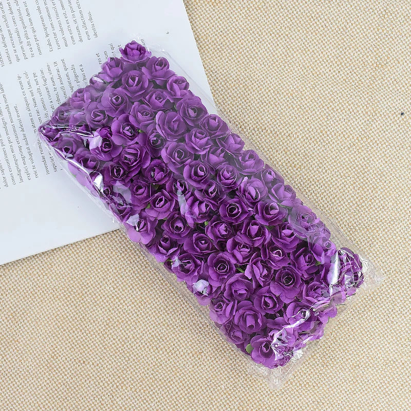 144pcs 2cm Artificial Mini Paper Rose Bouquet for Wedding Party Decoration Home DIY Wreath Gifts Scrapbooking Craft Fake Flowers