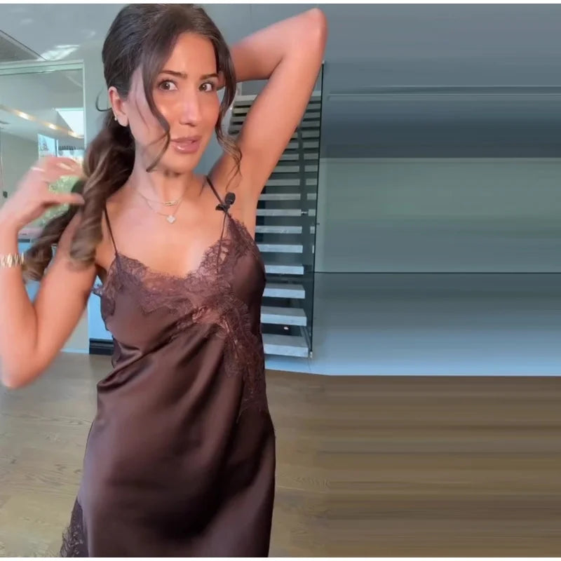 Sexy Sling Satin Dress Women V Neck Backless Patchwork Lace Vestidos Female 2025 Summer Chic Fashion Evening Party Dresses