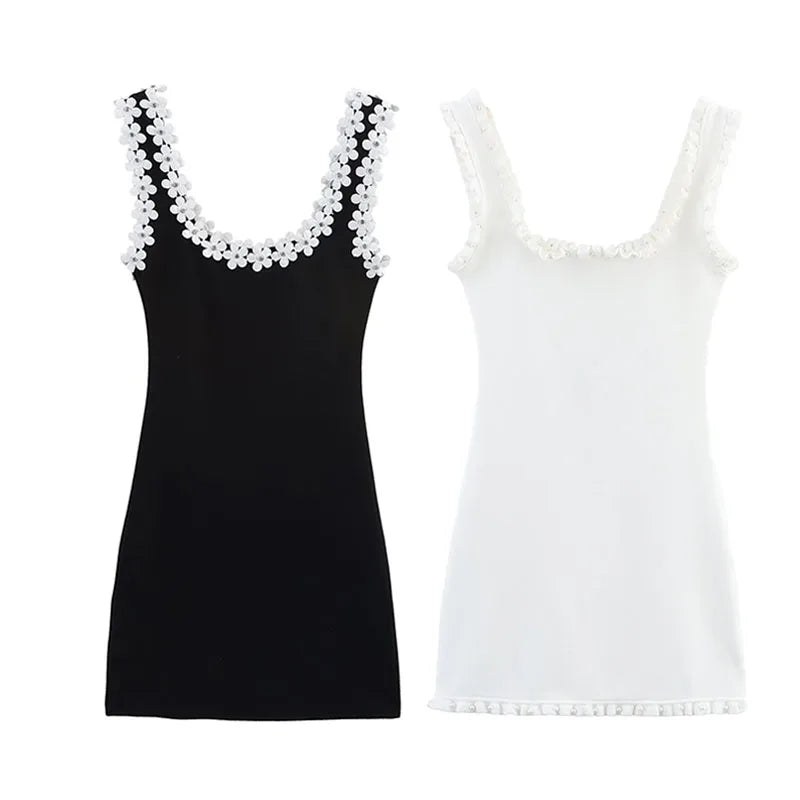 TRAFZA Female Summer Sexy Slim Dress 2 Color Solid Square Collar Sleeveless Backless Flower Decoration Women's Fashion Dresses