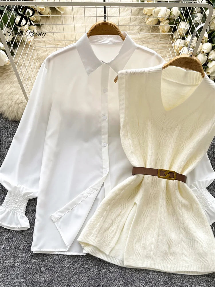 SINGREINY Korean Style Casual Tops Suits Lantern Sleeve Loose Shirt+Knitting Sweater Split Vest 2025 Women Autumn Basic Blouse