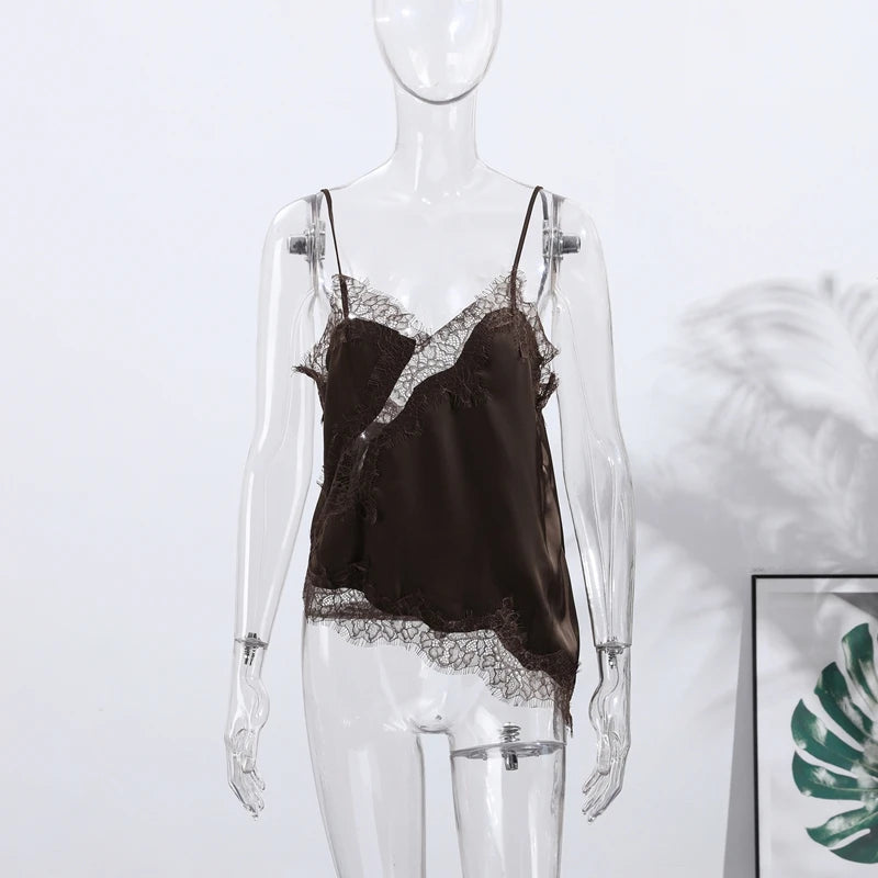 Sexy Lace Sling Tops Women Loose V Neck Sleeveless Backless See Through Top Female 2025 Summer Fashion Chic Solid Streetwears