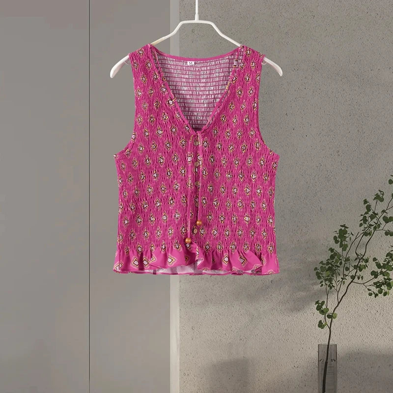 Casual Print Vest Long Skirts Suits Women Loose V Neck Lace Up Wrinkle Sets Female 2025 Summer New Fashion Chic Sets 2 Pieces