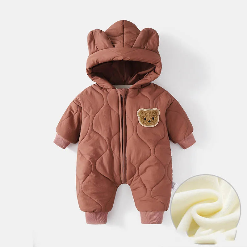 Winter Infant Babys Boys Rompers Cotton Fleece Thick Warm Toddler Kids Boys Jumpsuits Newborn Boys Bear Printed Hooded Onesies