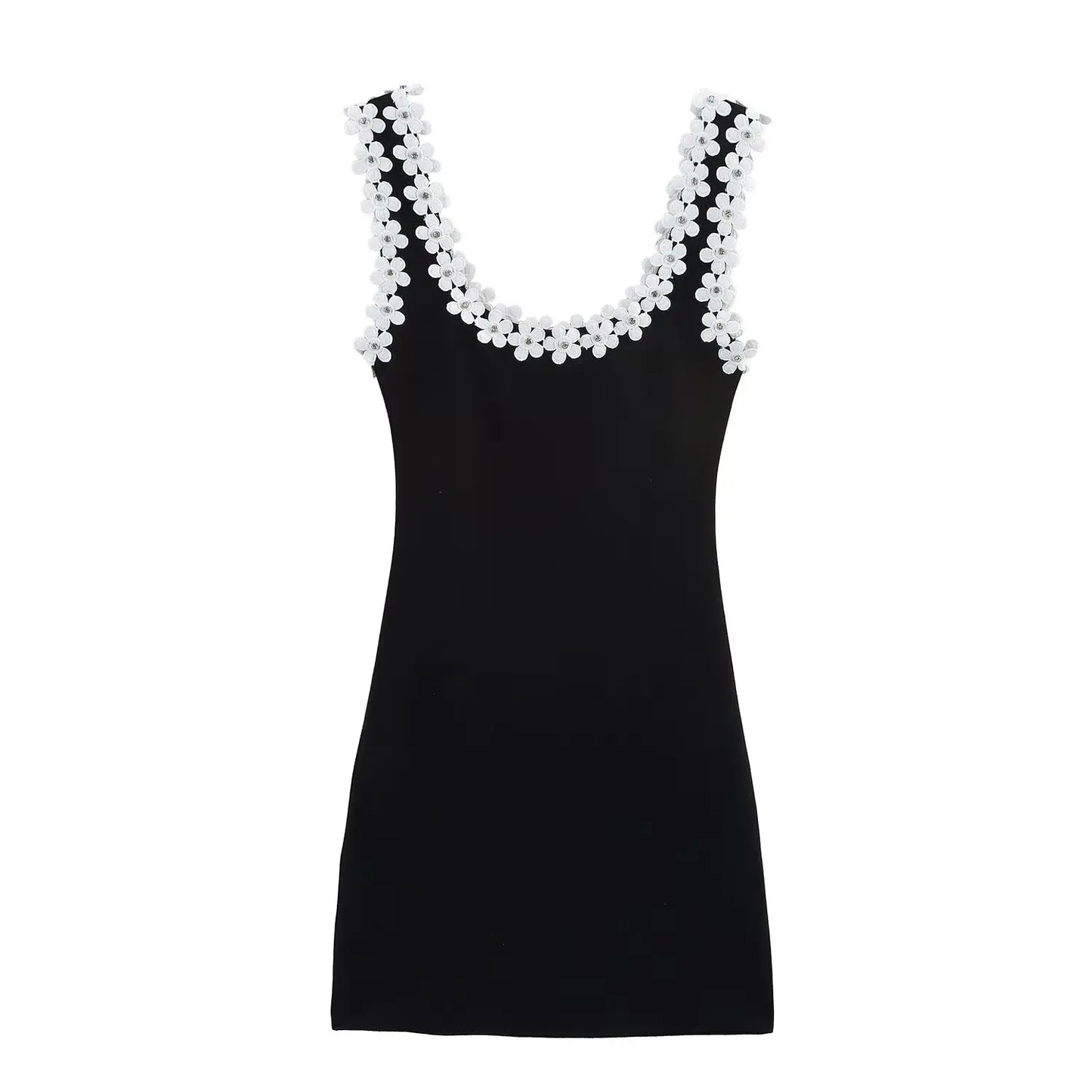 TRAFZA Female Summer Sexy Slim Dress 2 Color Solid Square Collar Sleeveless Backless Flower Decoration Women's Fashion Dresses