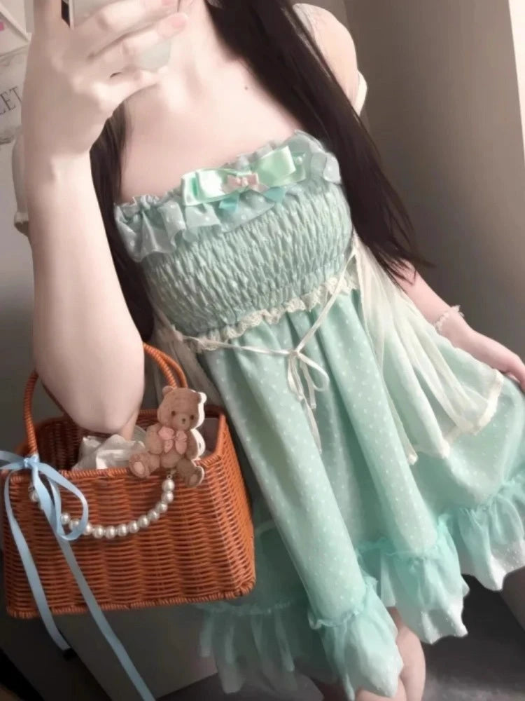 Japanese Fashion Sweet Cute 2 Piece Set Women Mini Lace Tops + Polka Dot Dress New Fit Chic Kawaii Fluffy Retro Suit Summer 2025