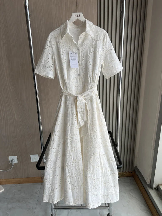 ETJ 2025 new TRAF women's elegant fashion hollow embroidery cotton shirt lapel short-sleeved dress temperament long skirt