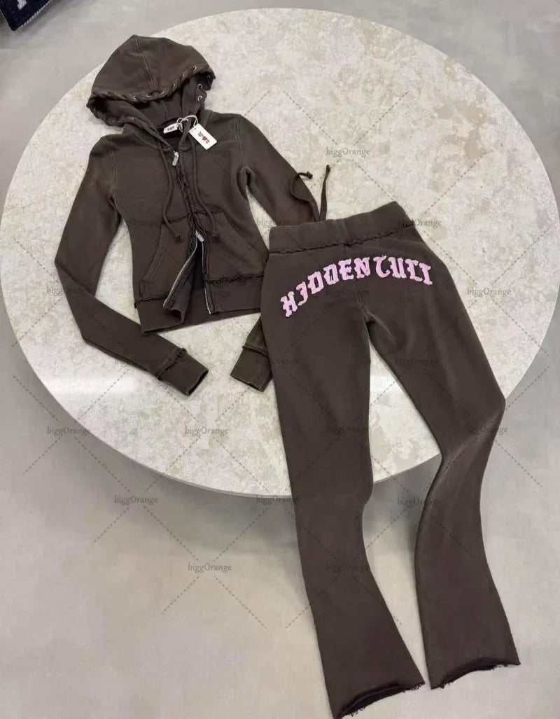 Street European and American Hip-hop Sexy Ladies Suit Letter Embroidery Fashion Harajuku Zipper Hoodie Casual Loose Sports Pants
