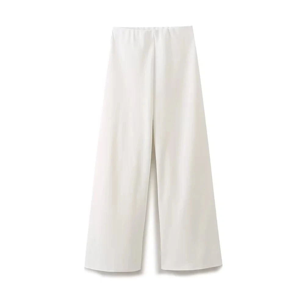 TRAFZA Women Fashion Vintage Solid Wide Leg Pants Elastic Waist Loose Casual Trousers For Woman 2024 Basic Pant