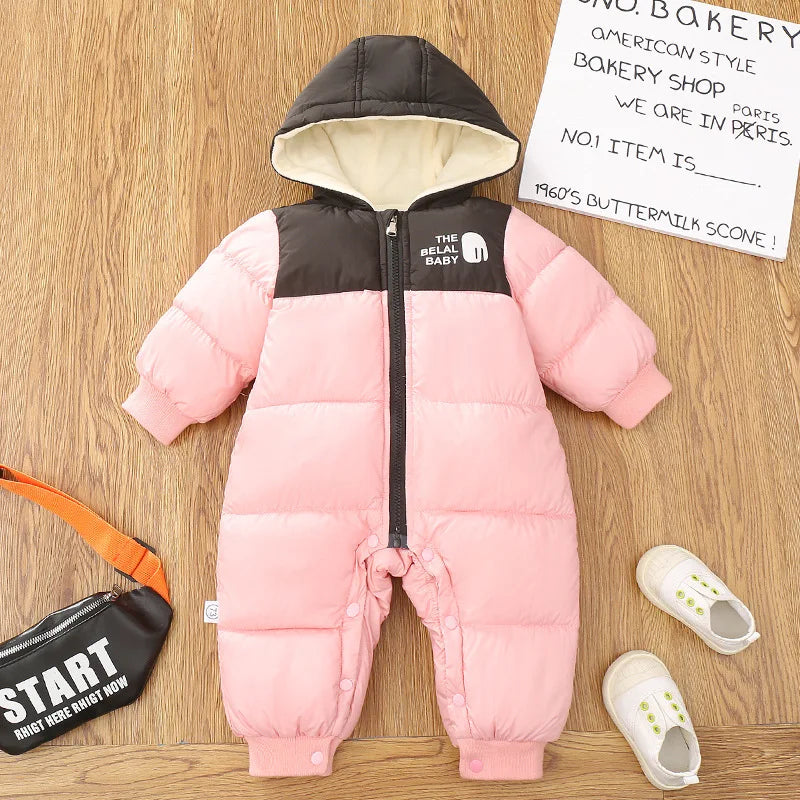 Infant Babys Girls Ski Suits Winter Spliced Letter Thicken Warm Newborn Girls Jumpsuits Plush Kids Girls Hooded Parkas Snowsuits
