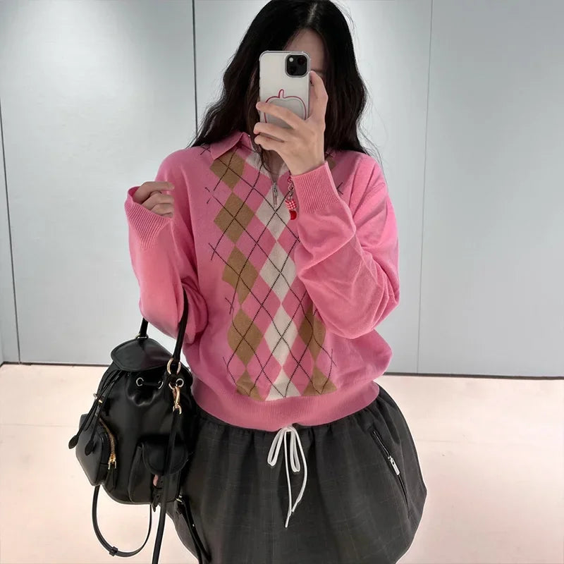 Early Spring Women Argyle Sweater Floral Embroidery Turn-Down Collar Long Sleeve Ladies Preppy Style Pullover 2580631