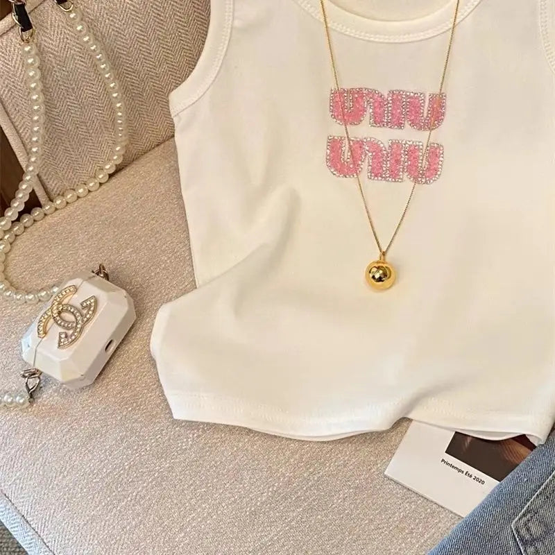 Women Summer Fashion Letter Diamonds Solid Color Slim Knitting Tank Top Ladies Simplicity Office Lady All-match Sleeveless Tops