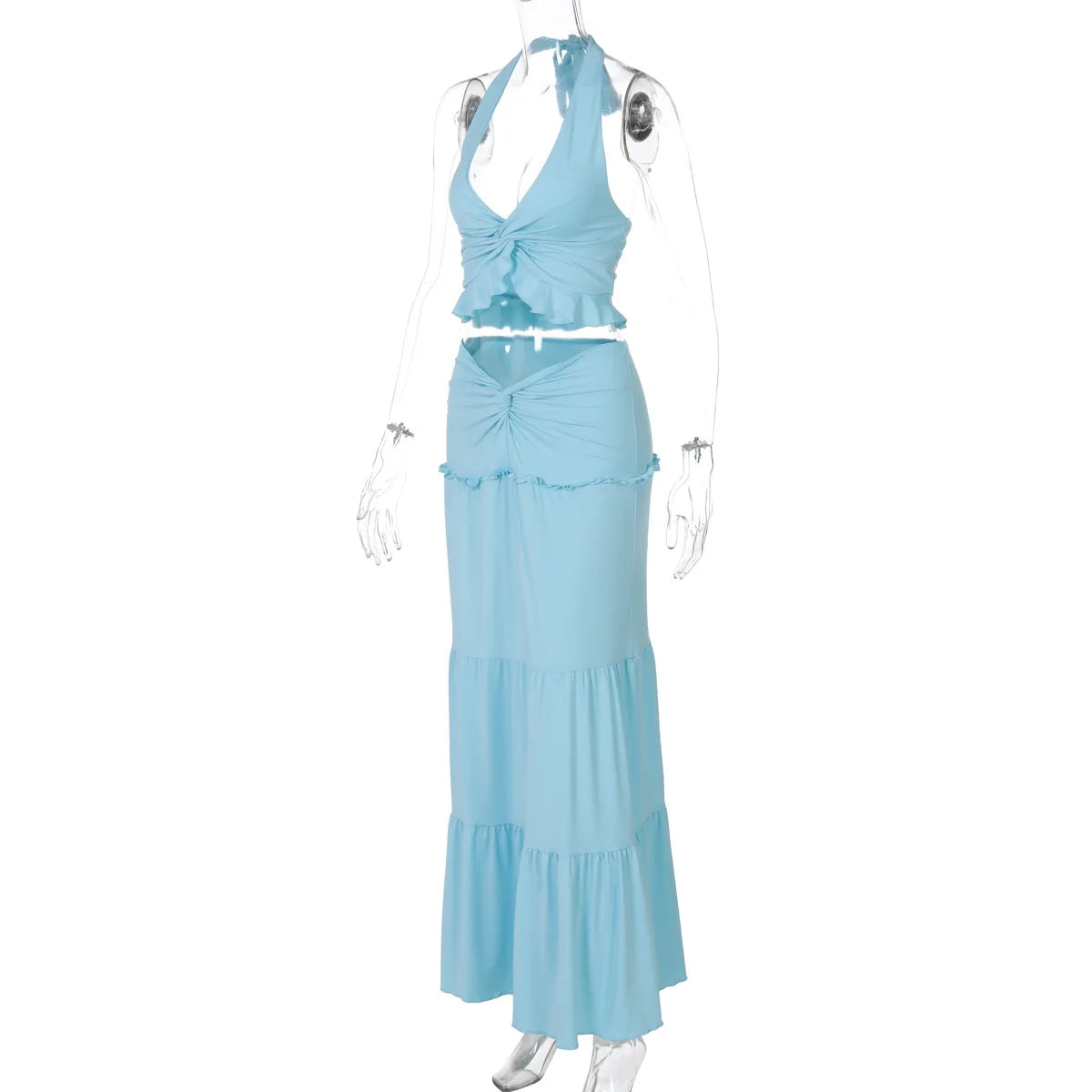 Cryptographic Elegant Two Piece Sets Sleeveless Frill Halter Twist Top Dress Sets Outfits Fashion Co-ord Sets Coquette Clothes