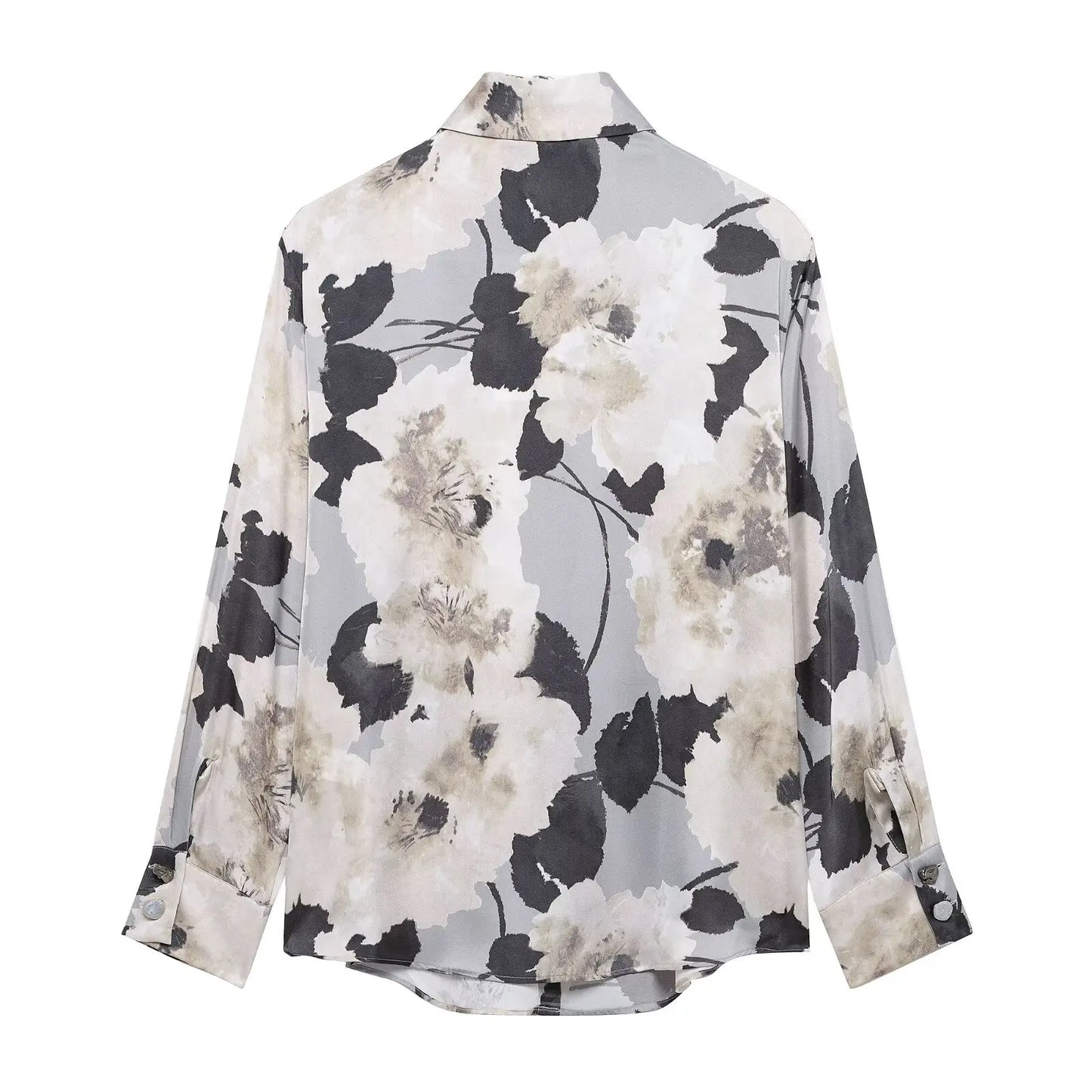 TRAFZA Women 2025 Spring Fashion Silk Satin Texture Long Sleeve Printed Shirt Button Midi Skirt Suit Female Printed Set