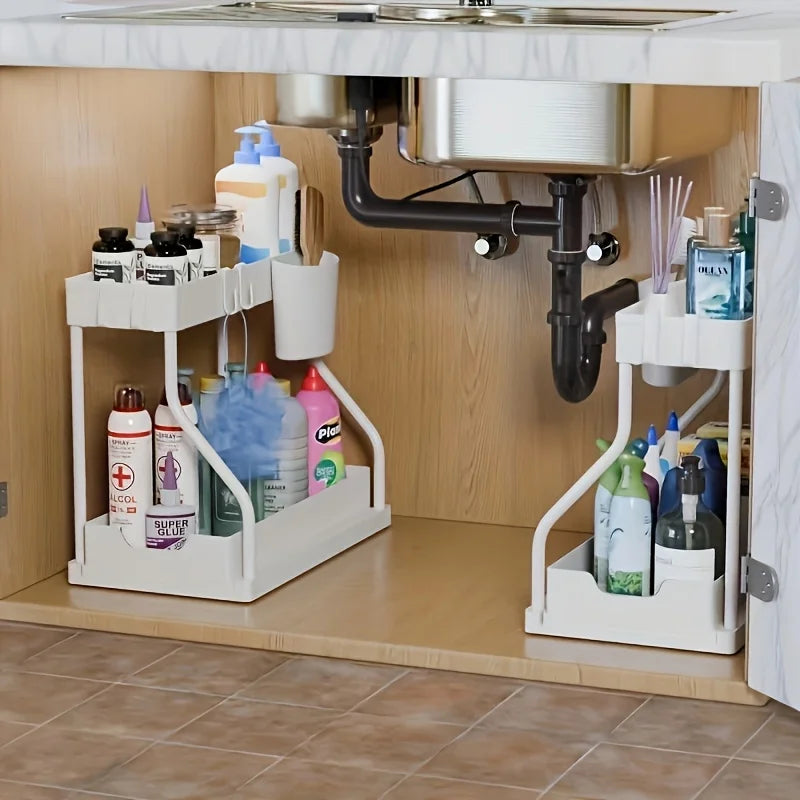 Space Saving 2 Tier Pull Out Storage Box Durable Large Capacity Kitchen Bathroom Essential Drawer Organizer