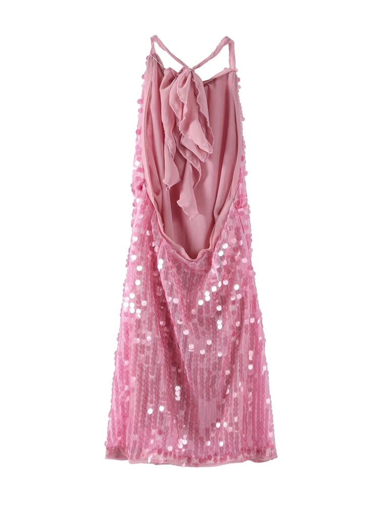 Halter Sequin Mini Dresses Sexy Sleeveless Backless Women Party Gown Fashion Solid Color Shiny Hanging Neck Beach Short Dresses