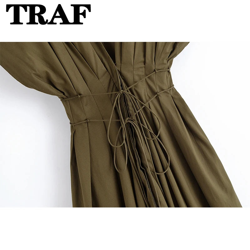 TRAF  Vintage Casual Chic Pleated Lace Up Dress Women Fashion Short Sleeve Slim  Long Dresses Female Summer Holiday Party Dress