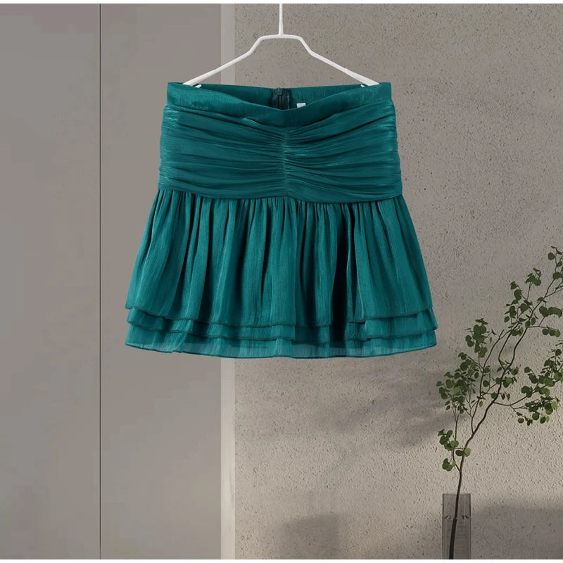 Bow Lace Up Top Pleated Short Skirt Two Piece Sets Casual Fashion Shirt Glitter Blouse High Waist Half Skirts Women's Clothing