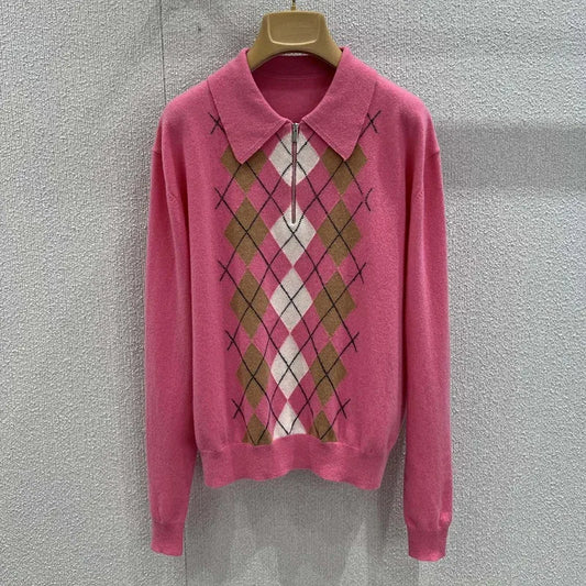 Early Spring Women Argyle Sweater Floral Embroidery Turn-Down Collar Long Sleeve Ladies Preppy Style Pullover 2580631