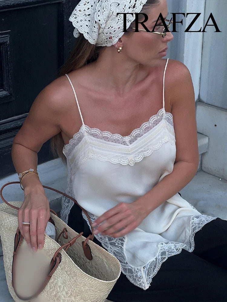 TRAFZA Female Summer New Fashion V-neck Lace Spliced Split Sling Top Women Elegant Sexy Backless Party Style Casual Camisole Top