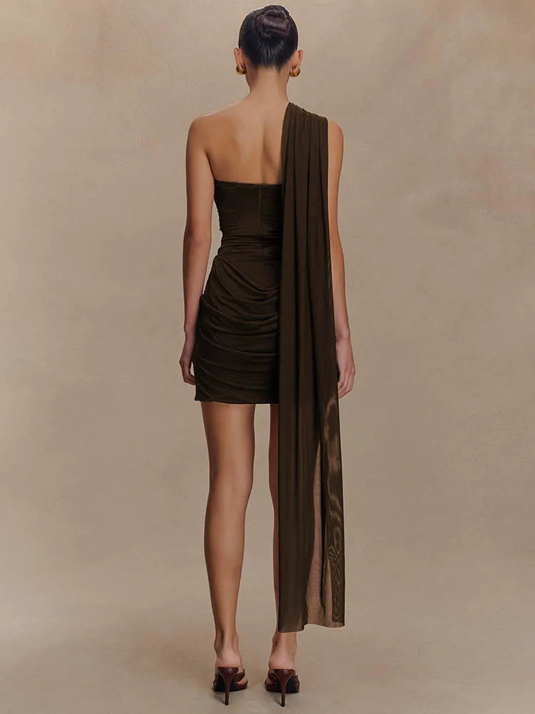 Mozision One Shoulder Backless Sexy Mini Dress Women Fashion Off-shoulder Sleeveless Backless Draped Ruched Bodycon Club Dress