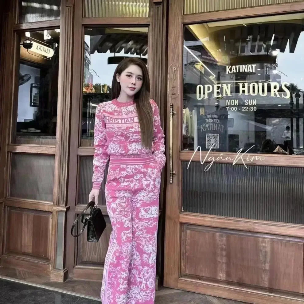 Autumn Winter Knitted Animal Pattern Wide Leg Pants Set round Neck Letter Print Two Piece Suite Elegant Fashionable Women's Wear