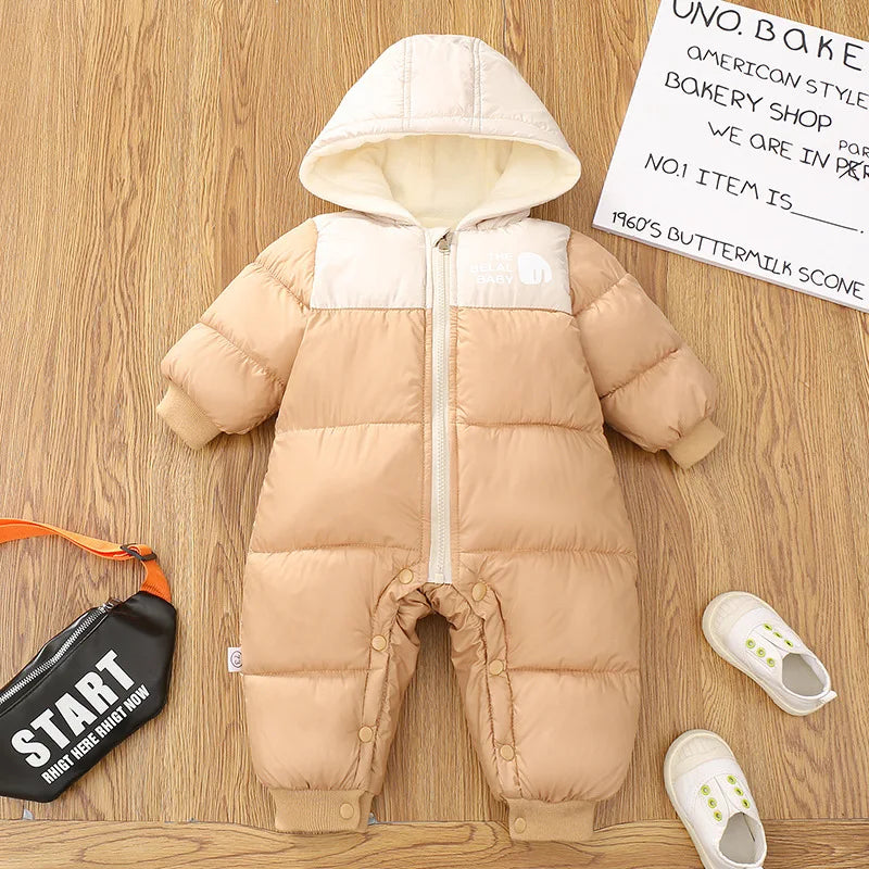 Infant Babys Girls Ski Suits Winter Spliced Letter Thicken Warm Newborn Girls Jumpsuits Plush Kids Girls Hooded Parkas Snowsuits