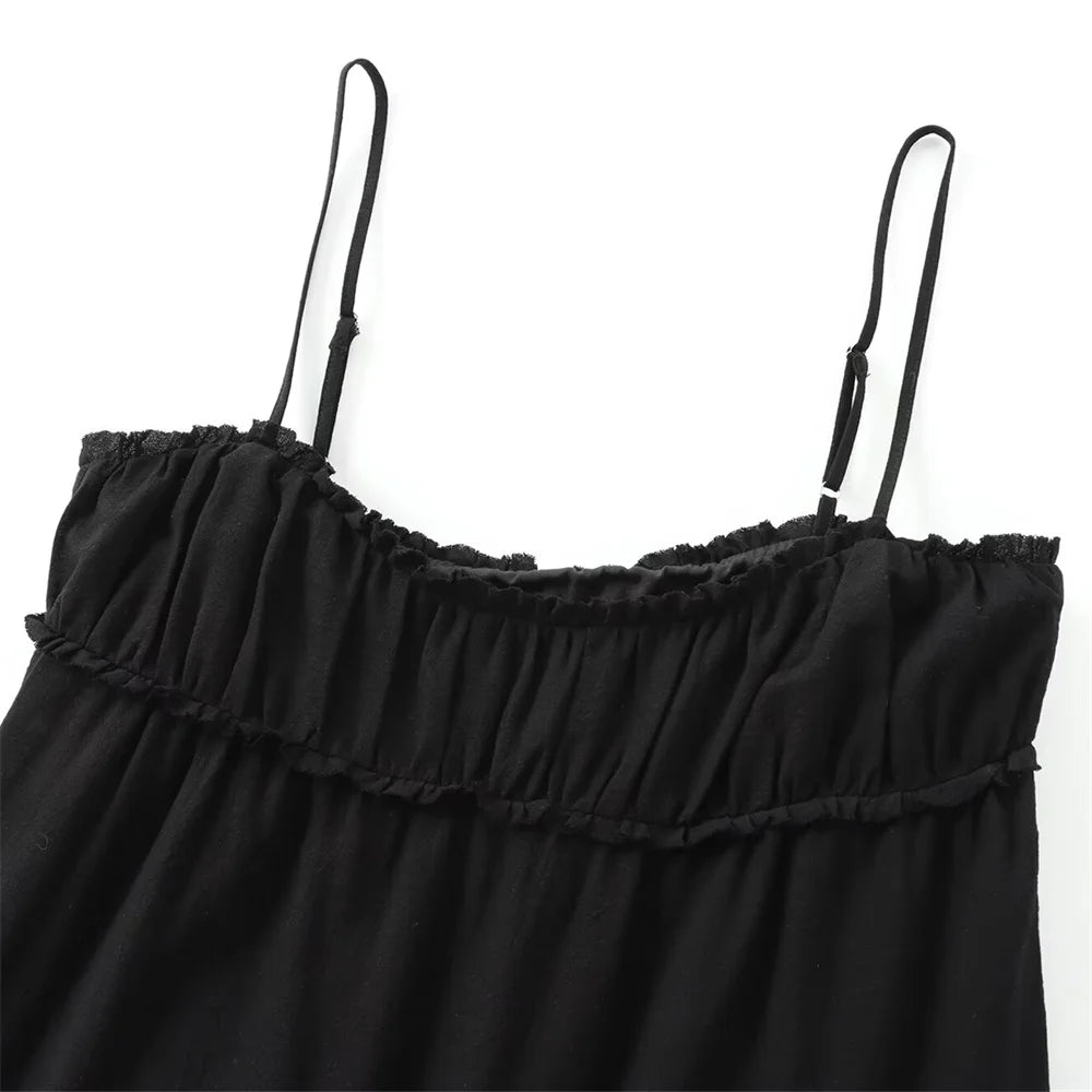 BMURHMZA 2024 Summer New Product Women's Fashion Sleeveless Sexy Midi Layered Splicing Strap Short Dress Short Skirt