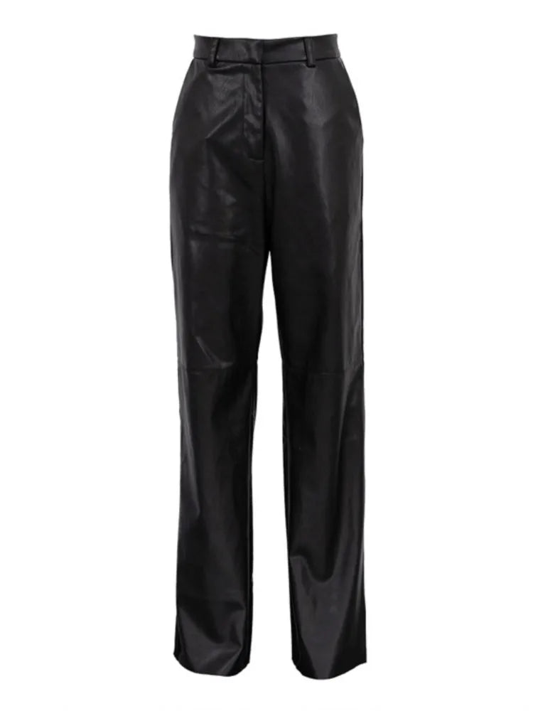 Fashion Solid Color PU Leather Pants Women 2025 New Trendy Lady Commuting Clothing High Waist Straight Trousers Women's Pants