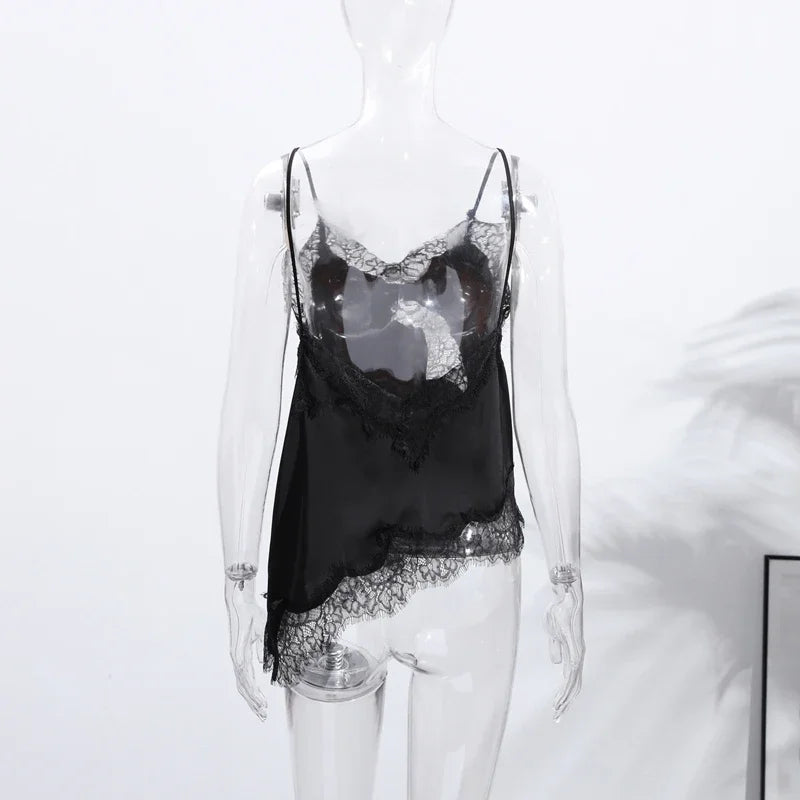 Y2K Sleeveless Backless Women Tank Tops Fashion Summer Lace Satin Patchwork Camisole Vest Chic New Evening Party Lady Top Street