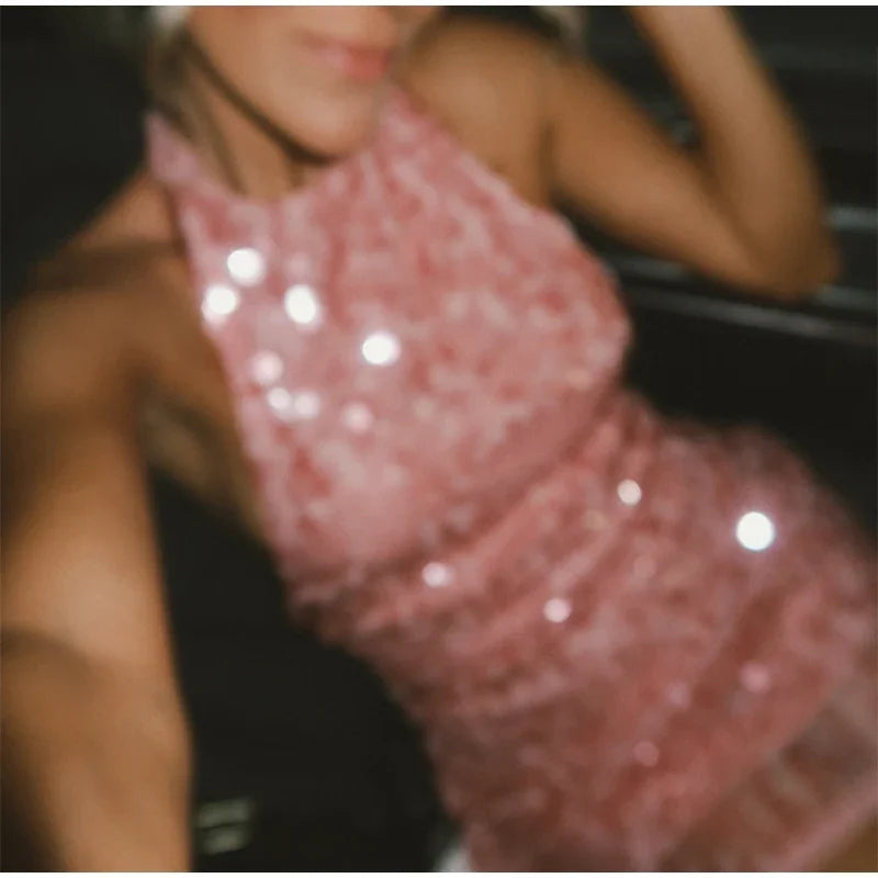Halter Sequin Mini Dresses Sexy Sleeveless Backless Women Party Gown Fashion Solid Color Shiny Hanging Neck Beach Short Dresses