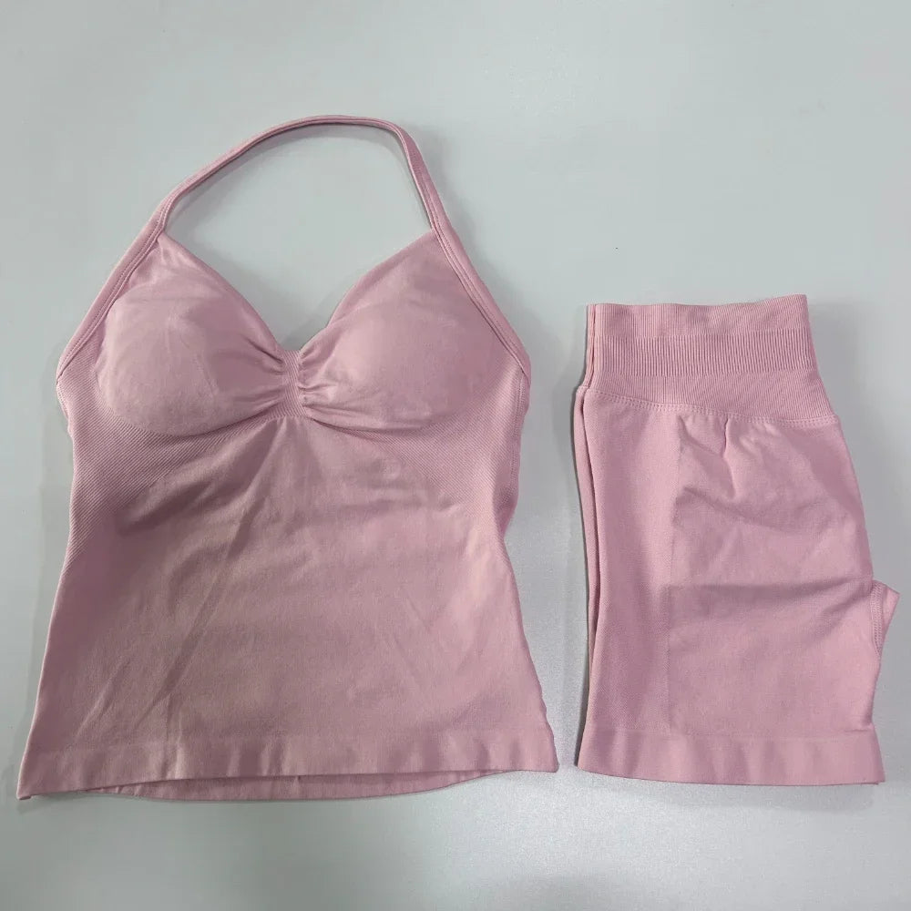 2 sets of sportswear, peach-bottomed shorts set, drawstring top, seamless impact tight shorts, yoga outfit, fitness set