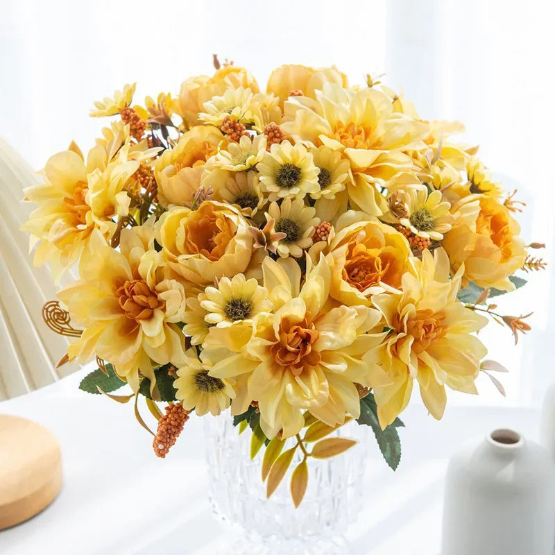 Hot sales Artificial Flowers Silk Dahlia Rose daisy Festival Home Wreath Decoration Bonsai Room Wedding Bridal Bouquet Diy gift