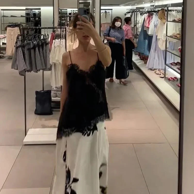 Y2K Sleeveless Backless Women Tank Tops Fashion Summer Lace Satin Patchwork Camisole Vest Chic New Evening Party Lady Top Street