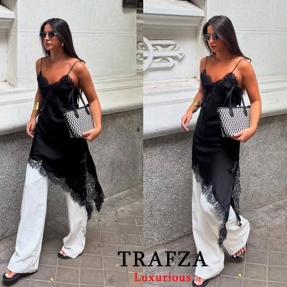 TRAFZA Sexy Chic Brown Lace Women Dress V Neck Cami Backless Party Dress Fashion 2025 Summer Fall Y2K Girl Evening Club Dress