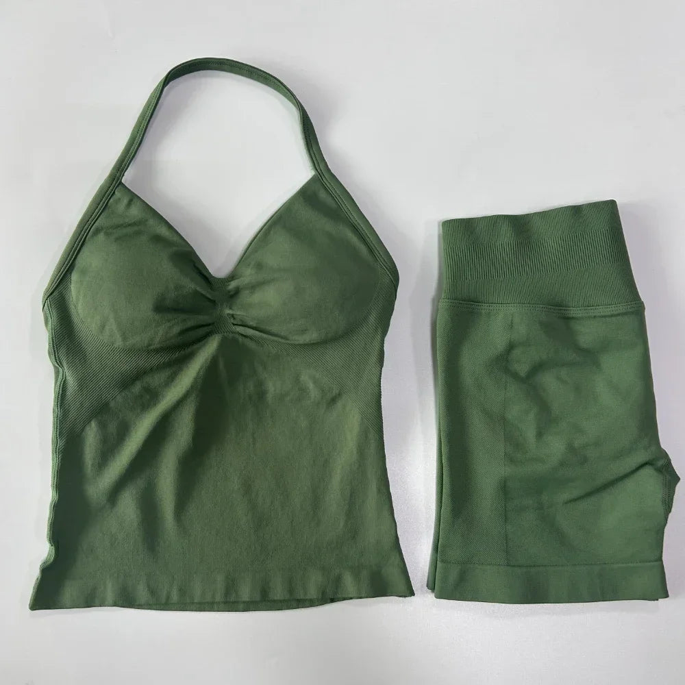 2 sets of sportswear, peach-bottomed shorts set, drawstring top, seamless impact tight shorts, yoga outfit, fitness set