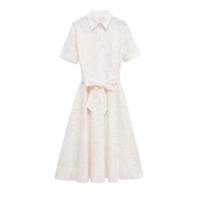 ETJ 2025 new TRAF women's elegant fashion hollow embroidery cotton shirt lapel short-sleeved dress temperament long skirt