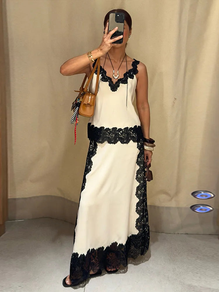 Lace Patchwork Vest Slit Skirts 2 Piece Set Woman V-Neck Sleeveless Sexy Tops Hollow Slim High Waist Skirt Fashion Out Suits