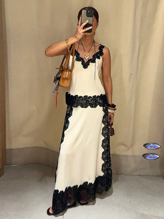 Lace Patchwork Vest Slit Skirts 2 Piece Set Woman V-Neck Sleeveless Sexy Tops Hollow Slim High Waist Skirt Fashion Out Suits