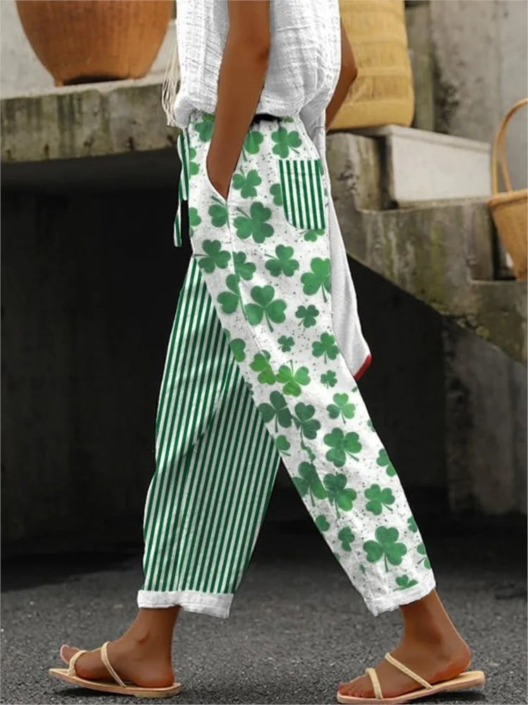 Casual Print Ankle-Length Pants For Women Fashion Mid Waist Straight Pants Lady Holiday Boho Beach Womens Clothing Spring New