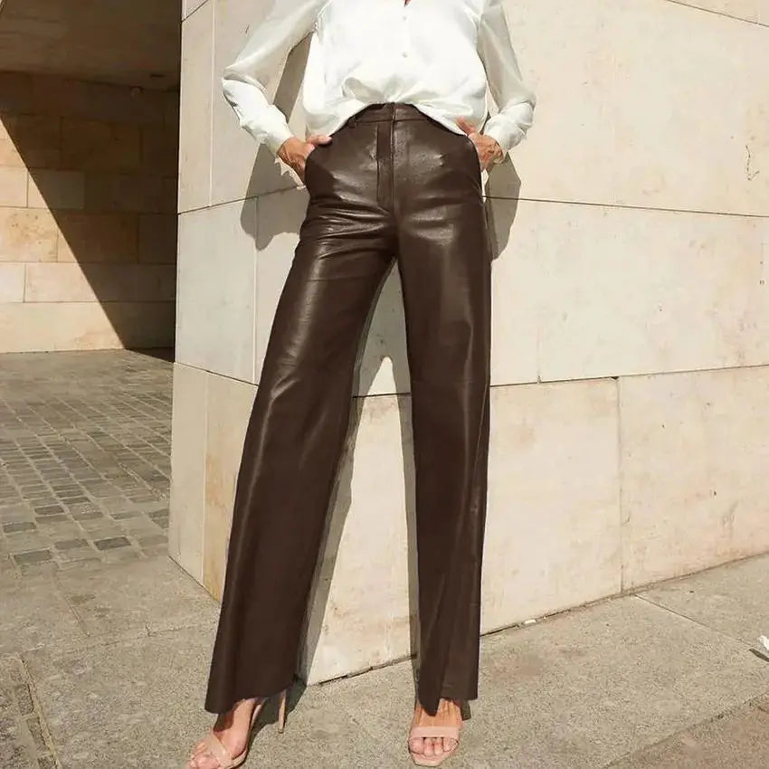 Fashion Solid Color PU Leather Pants Women 2025 New Trendy Lady Commuting Clothing High Waist Straight Trousers Women's Pants