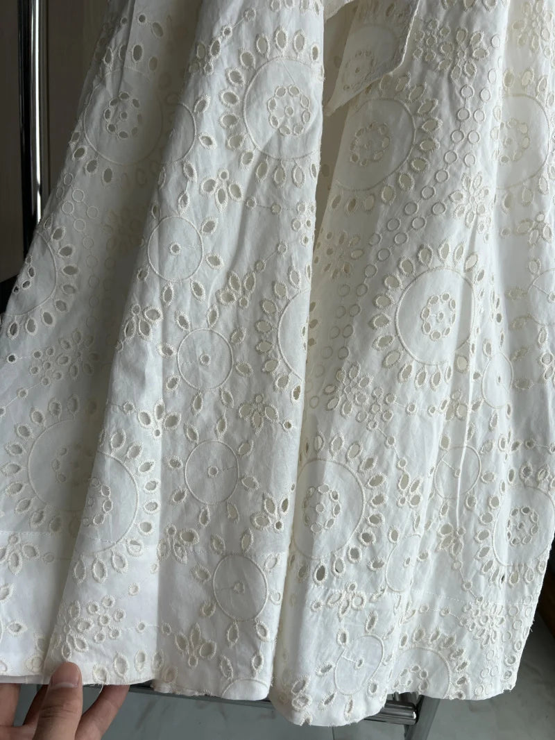 ETJ 2025 new TRAF women's elegant fashion hollow embroidery cotton shirt lapel short-sleeved dress temperament long skirt