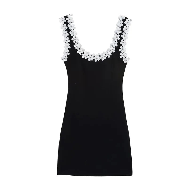 TRAFZA Female Summer Sexy Slim Dress 2 Color Solid Square Collar Sleeveless Backless Flower Decoration Women's Fashion Dresses