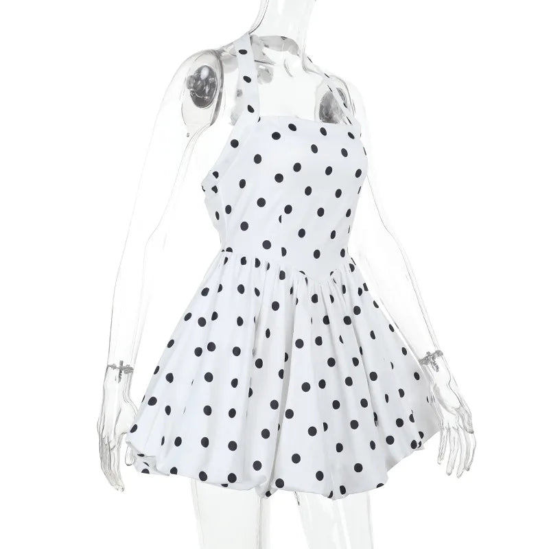 TARUXY Polka Dot Vacation Mini Dress For Women  High Waist A-line Ball Gown Dress Sleeveless Halter Neck Female Summer Fashion