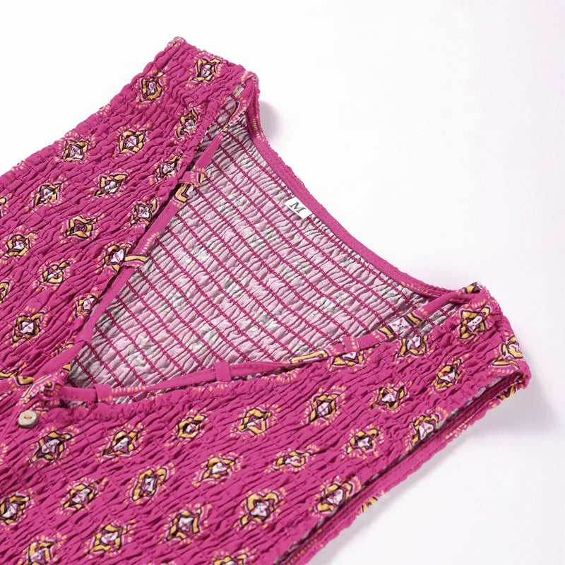 Casual Print Vest Long Skirts Suits Women Loose V Neck Lace Up Wrinkle Sets Female 2025 Summer New Fashion Chic Sets 2 Pieces